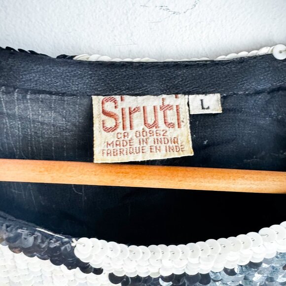 Vintage Siruti Geometric Print black White Orange Sequin Harlequin SILK Top L - Picture 7 of 11